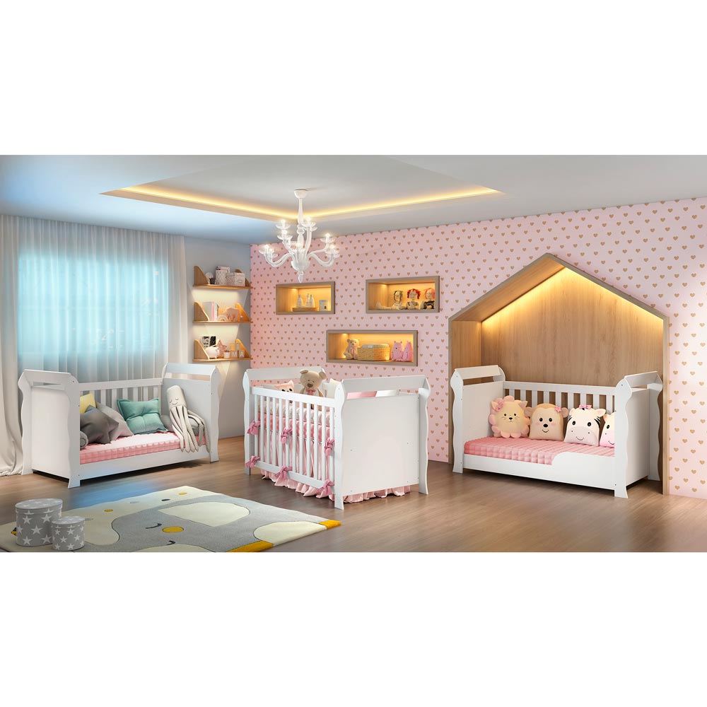 Quarto De Bebê Completo Lara Berço + Guarda Roupa 3 Portas e Cômoda  Fraldário Branco Brilho Carolina Baby